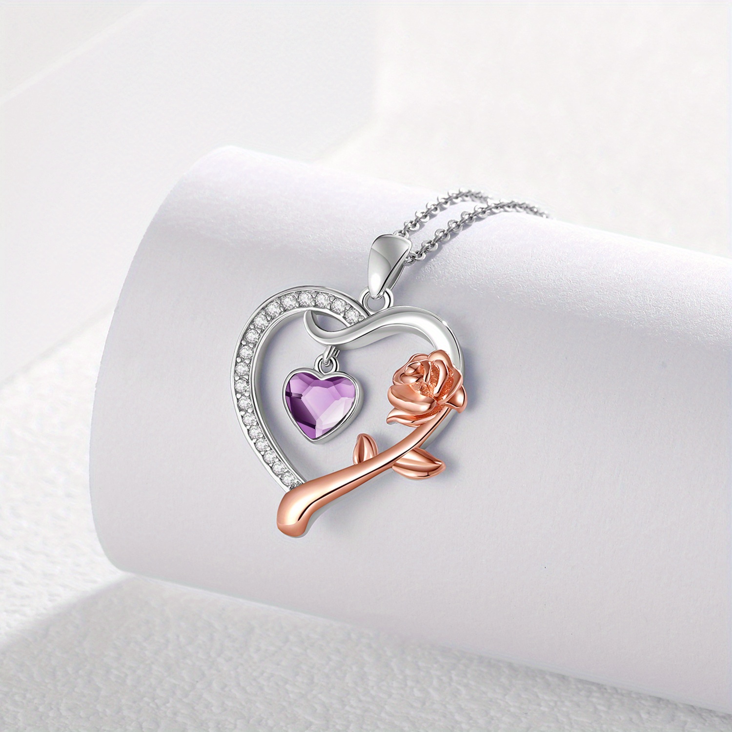 February Birthstone Necklace - Silvery 925 Heart Rose Golden Pendant